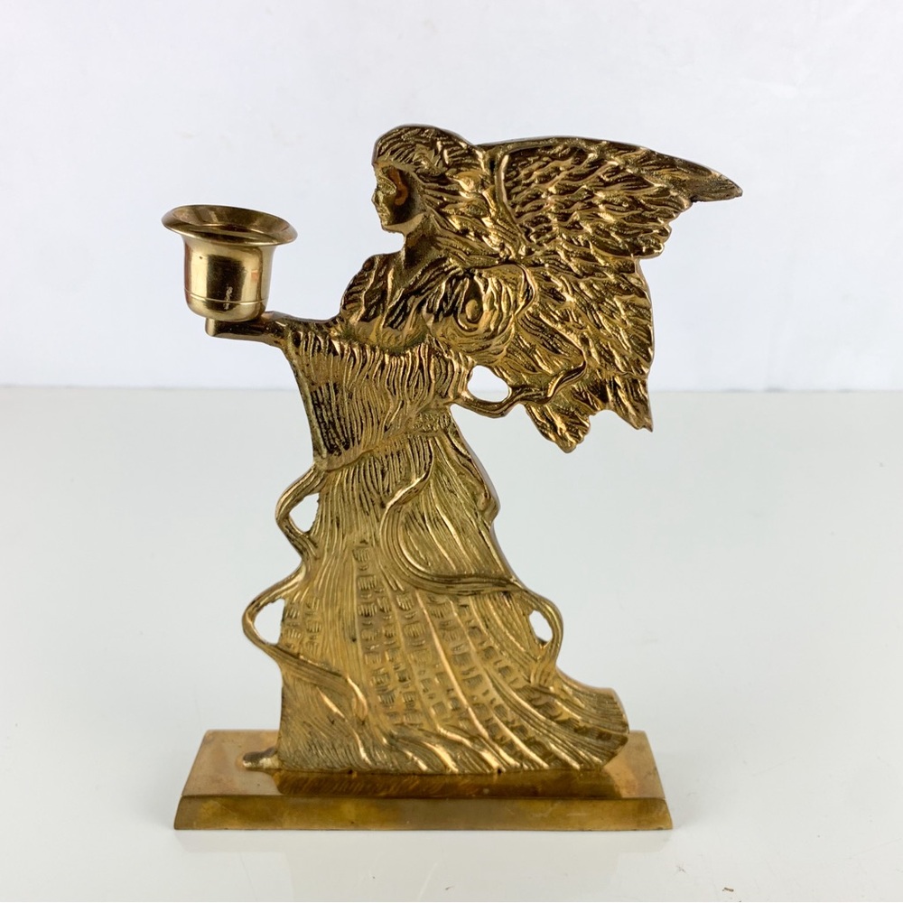 Vintage Solid Brass Angel Candle Stick Holder Flowing Dress Wings Home Alone